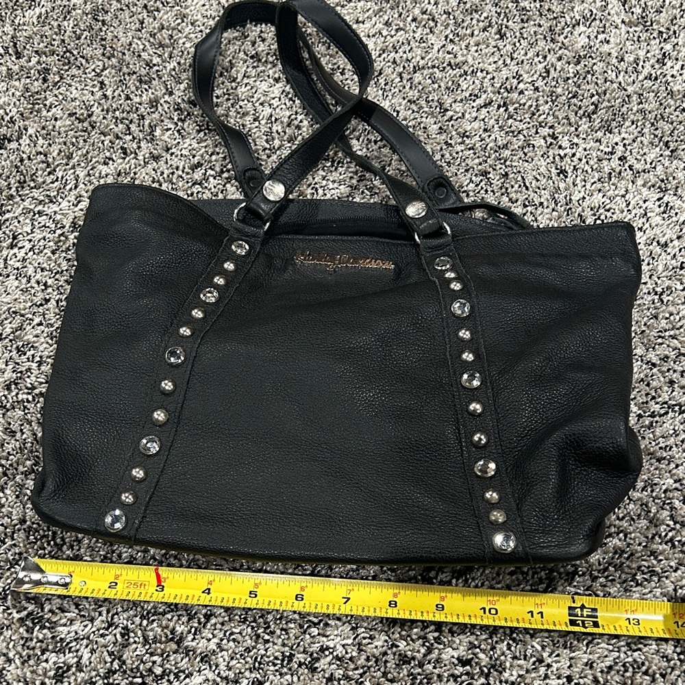 Stud-Accent Vintage Black Leather Tote Bag
